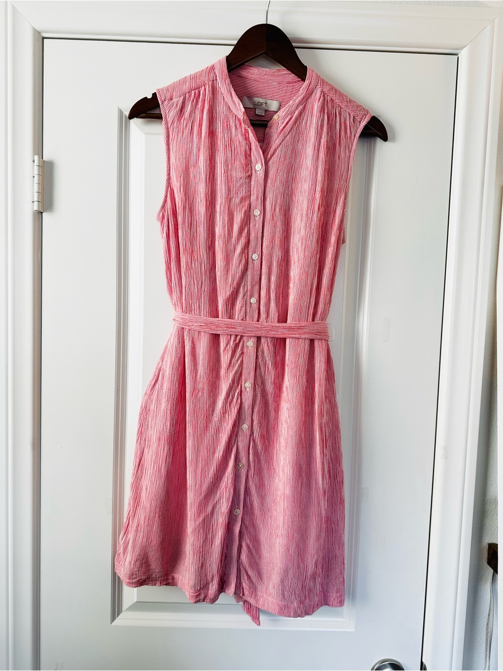 LOFT Pink Button Front Midi Dress Waist Tie Sleeveless Size XS